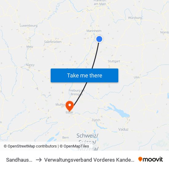 Sandhausen to Verwaltungsverband Vorderes Kandertal map