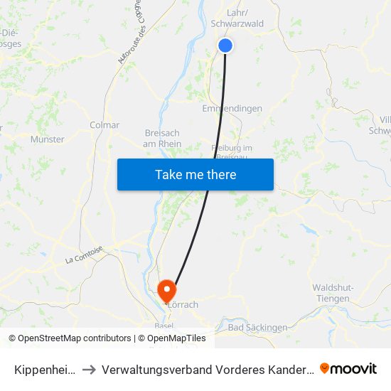 Kippenheim to Verwaltungsverband Vorderes Kandertal map