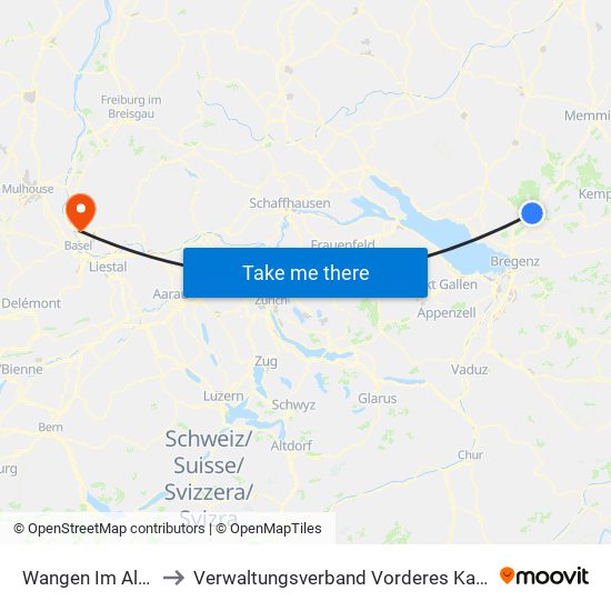 Wangen Im Allgäu to Verwaltungsverband Vorderes Kandertal map
