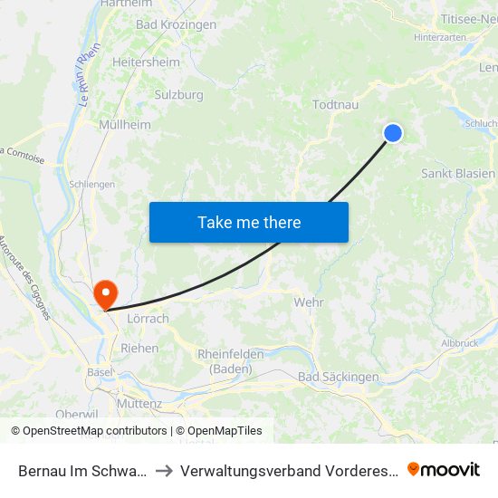 Bernau Im Schwarzwald to Verwaltungsverband Vorderes Kandertal map