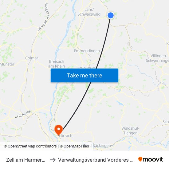 Zell am Harmersbach to Verwaltungsverband Vorderes Kandertal map