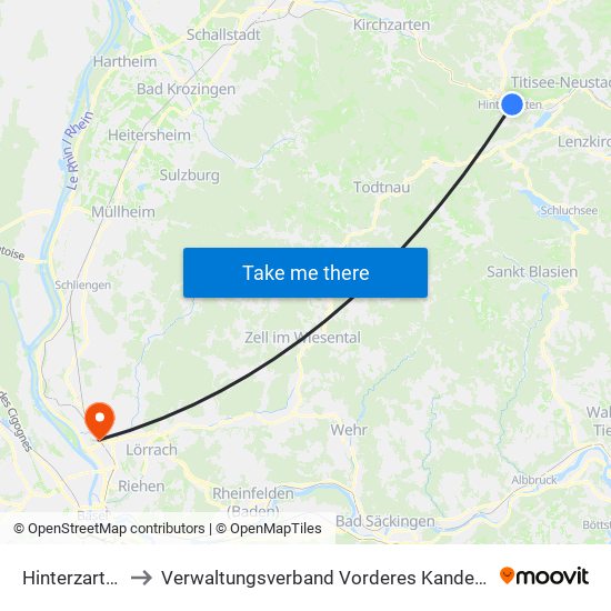 Hinterzarten to Verwaltungsverband Vorderes Kandertal map