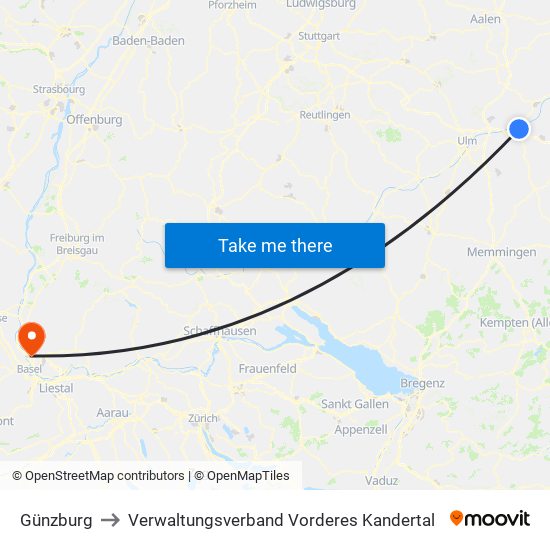 Günzburg to Verwaltungsverband Vorderes Kandertal map