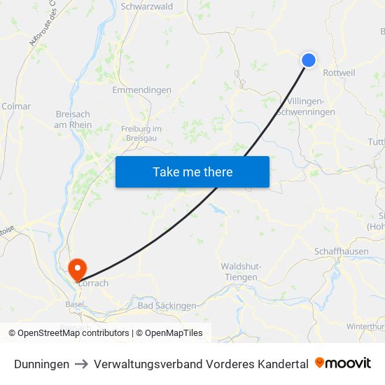 Dunningen to Verwaltungsverband Vorderes Kandertal map