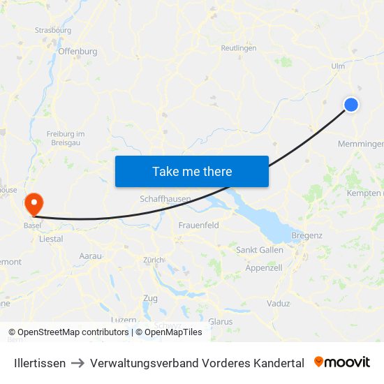 Illertissen to Verwaltungsverband Vorderes Kandertal map