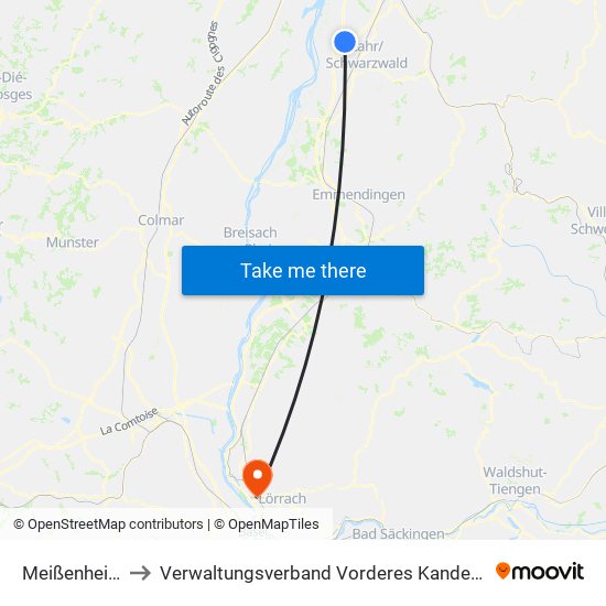 Meißenheim to Verwaltungsverband Vorderes Kandertal map