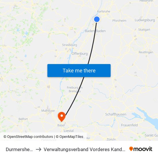 Durmersheim to Verwaltungsverband Vorderes Kandertal map