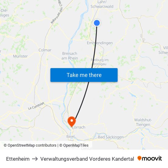 Ettenheim to Verwaltungsverband Vorderes Kandertal map