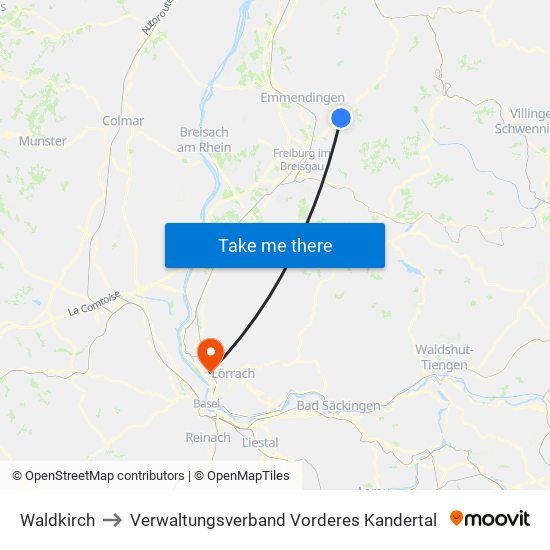 Waldkirch to Verwaltungsverband Vorderes Kandertal map