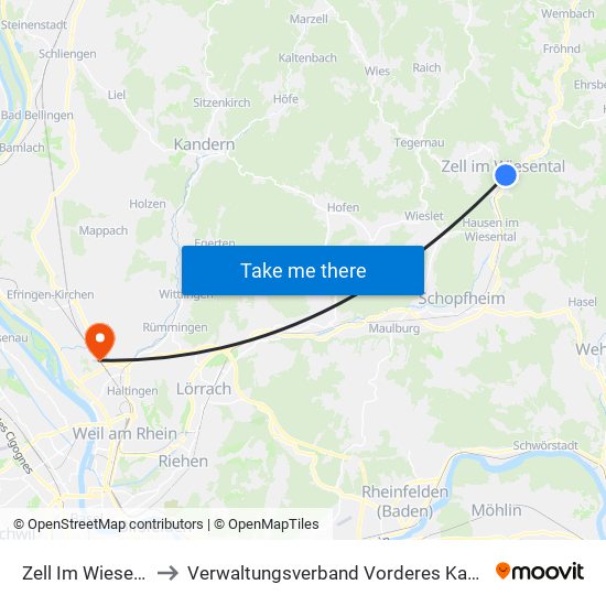 Zell Im Wiesental to Verwaltungsverband Vorderes Kandertal map