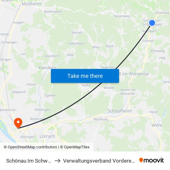 Schönau Im Schwarzwald to Verwaltungsverband Vorderes Kandertal map