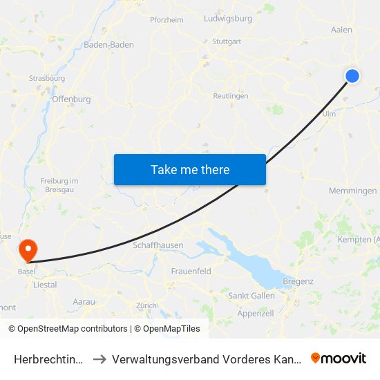 Herbrechtingen to Verwaltungsverband Vorderes Kandertal map