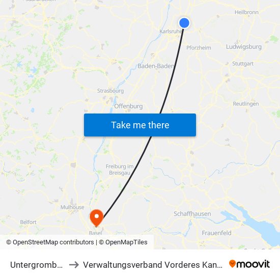 Untergrombach to Verwaltungsverband Vorderes Kandertal map