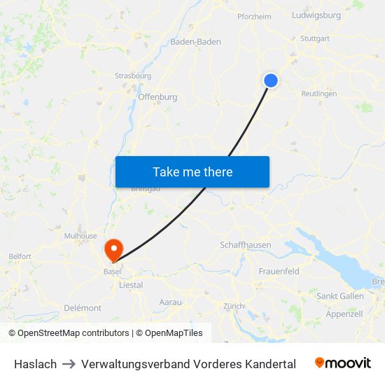 Haslach to Verwaltungsverband Vorderes Kandertal map