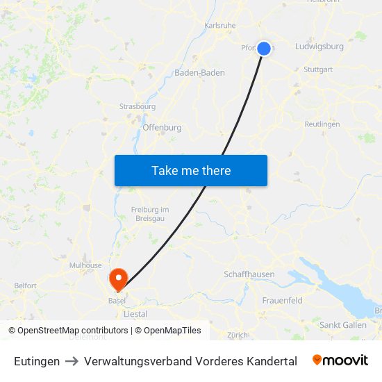 Eutingen to Verwaltungsverband Vorderes Kandertal map