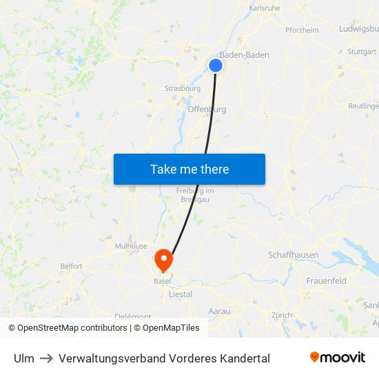 Ulm to Verwaltungsverband Vorderes Kandertal map