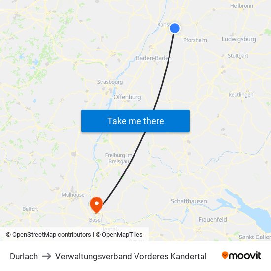 Durlach to Verwaltungsverband Vorderes Kandertal map