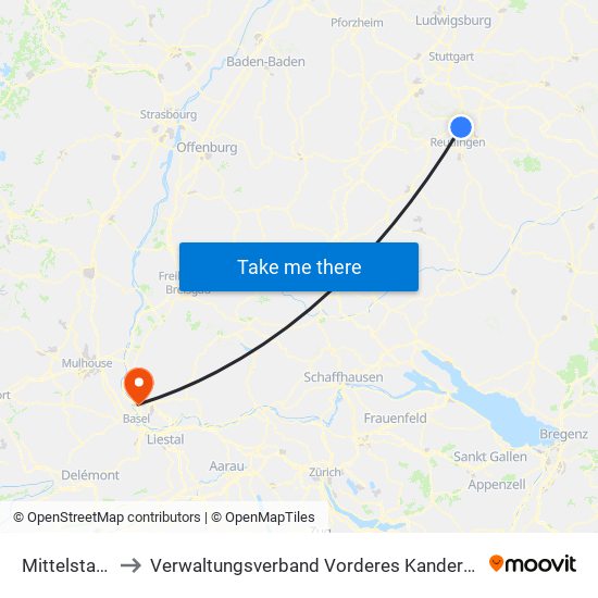 Mittelstadt to Verwaltungsverband Vorderes Kandertal map