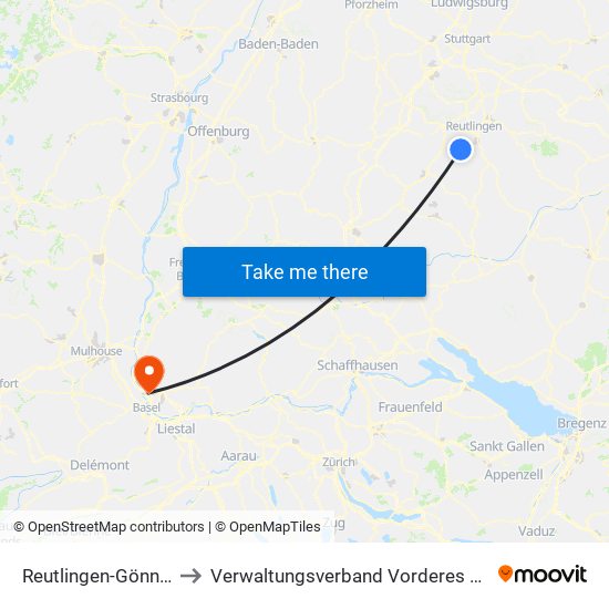 Reutlingen-Gönningen to Verwaltungsverband Vorderes Kandertal map