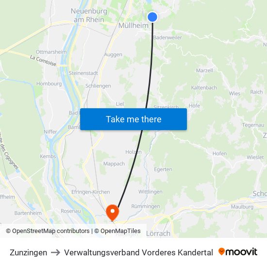 Zunzingen to Verwaltungsverband Vorderes Kandertal map