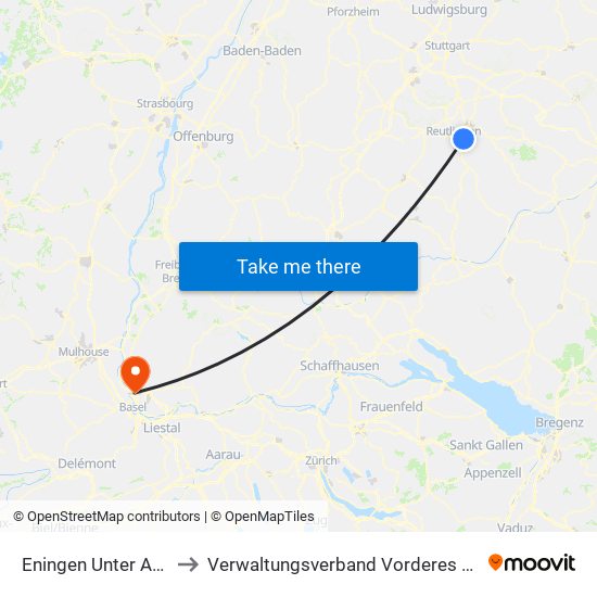 Eningen Unter Achalm to Verwaltungsverband Vorderes Kandertal map