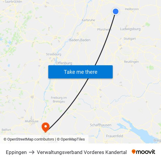 Eppingen to Verwaltungsverband Vorderes Kandertal map