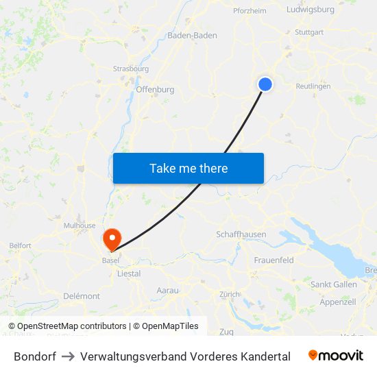 Bondorf to Verwaltungsverband Vorderes Kandertal map