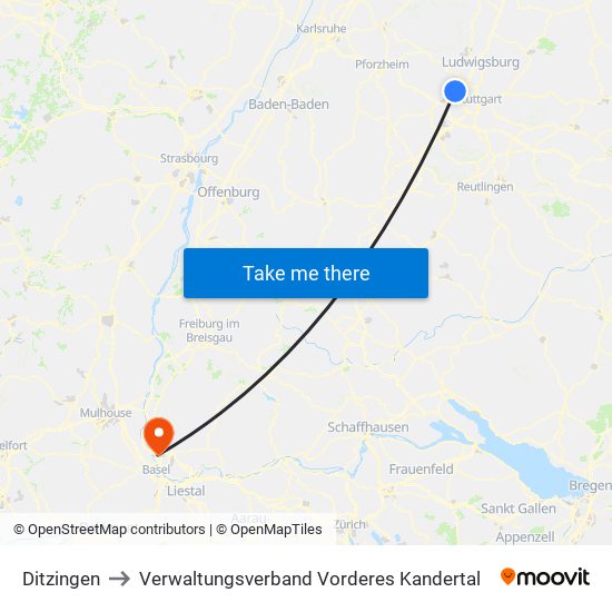 Ditzingen to Verwaltungsverband Vorderes Kandertal map