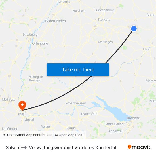 Süßen to Verwaltungsverband Vorderes Kandertal map