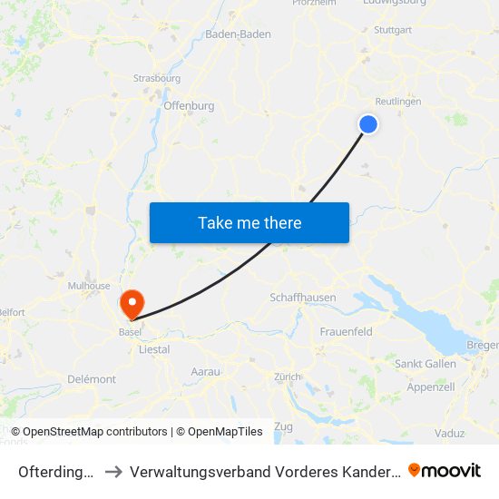 Ofterdingen to Verwaltungsverband Vorderes Kandertal map