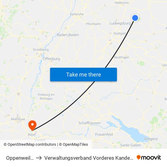 Oppenweiler to Verwaltungsverband Vorderes Kandertal map