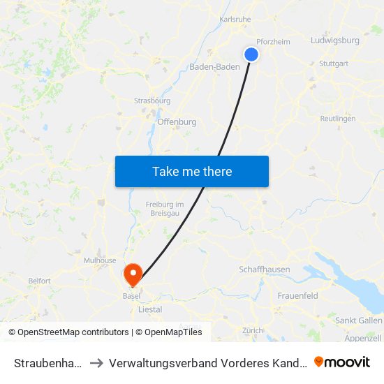 Straubenhardt to Verwaltungsverband Vorderes Kandertal map