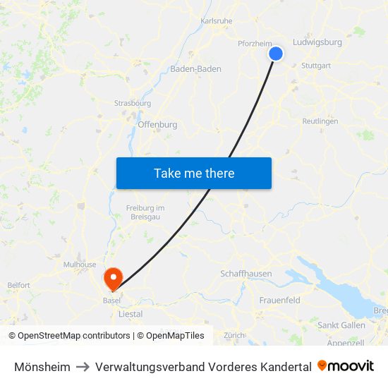 Mönsheim to Verwaltungsverband Vorderes Kandertal map