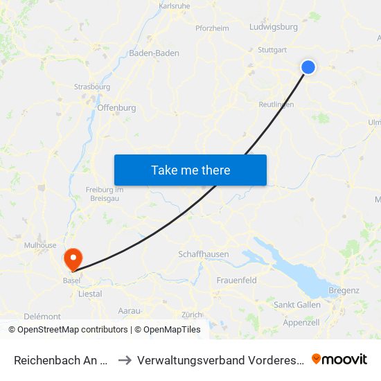 Reichenbach An Der Fils to Verwaltungsverband Vorderes Kandertal map