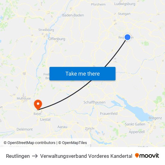 Reutlingen to Verwaltungsverband Vorderes Kandertal map