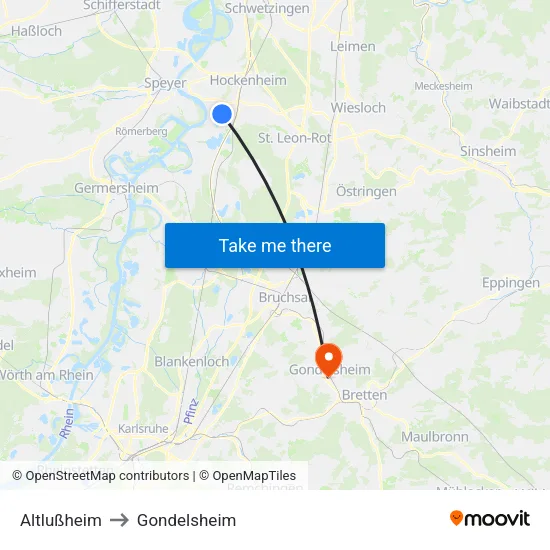 Altlußheim to Gondelsheim map