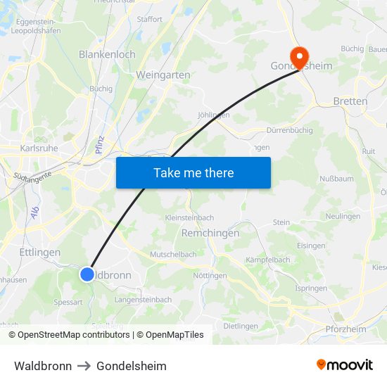 Waldbronn to Gondelsheim map