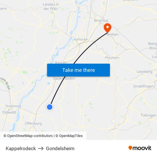 Kappelrodeck to Gondelsheim map