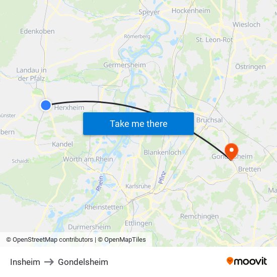 Insheim to Gondelsheim map