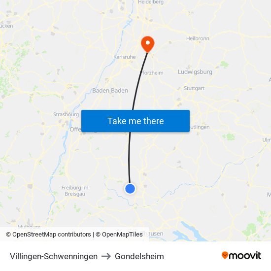 Villingen-Schwenningen to Gondelsheim map