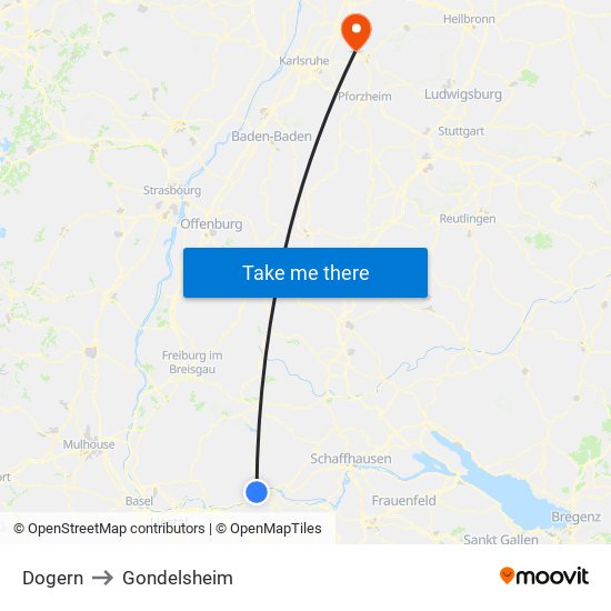 Dogern to Gondelsheim map