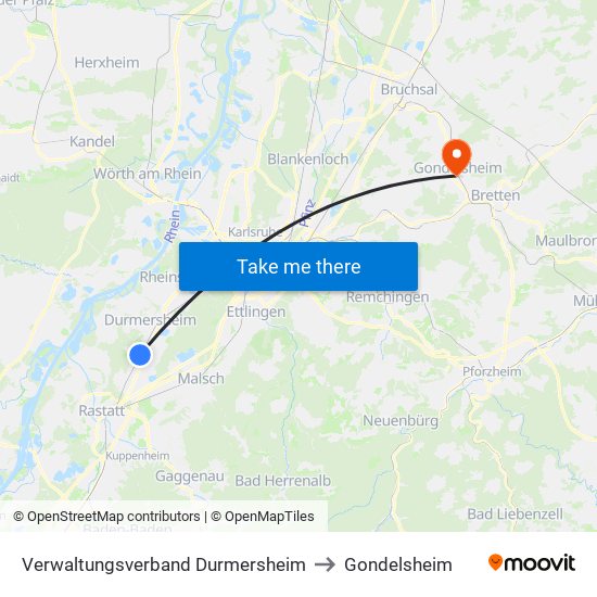 Verwaltungsverband Durmersheim to Gondelsheim map