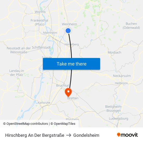Hirschberg An Der Bergstraße to Gondelsheim map