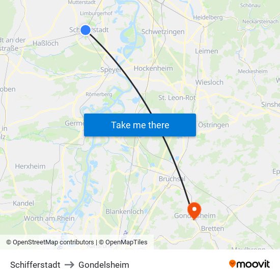 Schifferstadt to Gondelsheim map