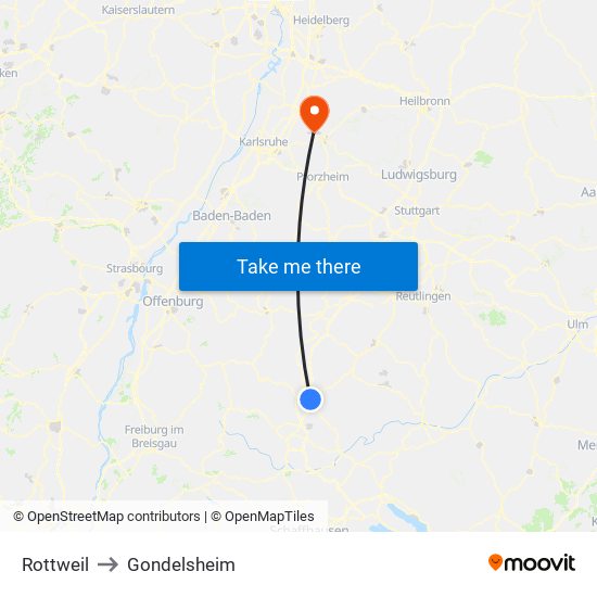 Rottweil to Gondelsheim map