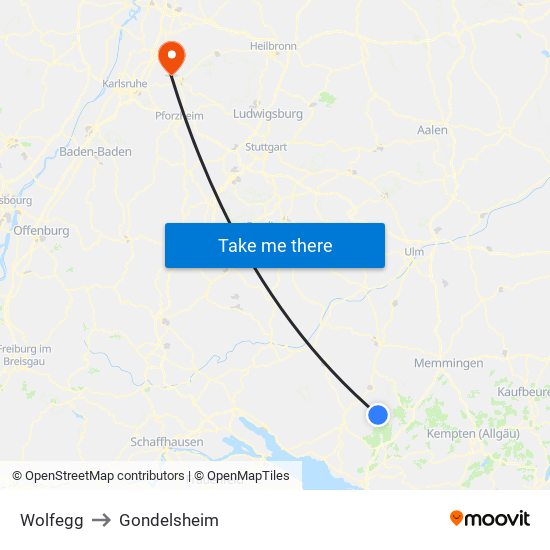 Wolfegg to Gondelsheim map