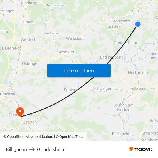 Billigheim to Gondelsheim map