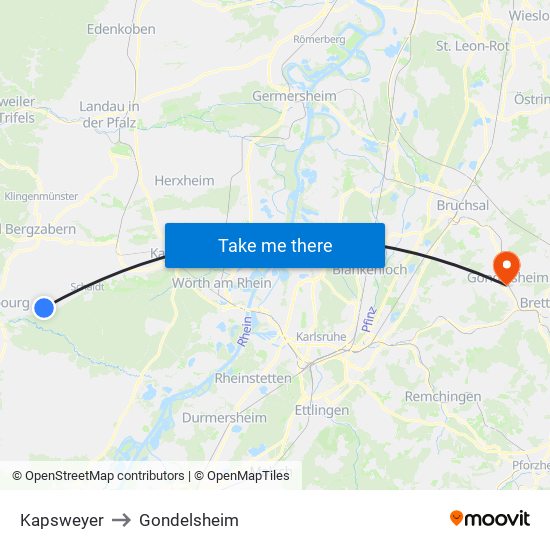 Kapsweyer to Gondelsheim map