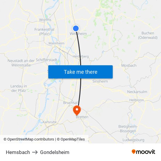 Hemsbach to Gondelsheim map