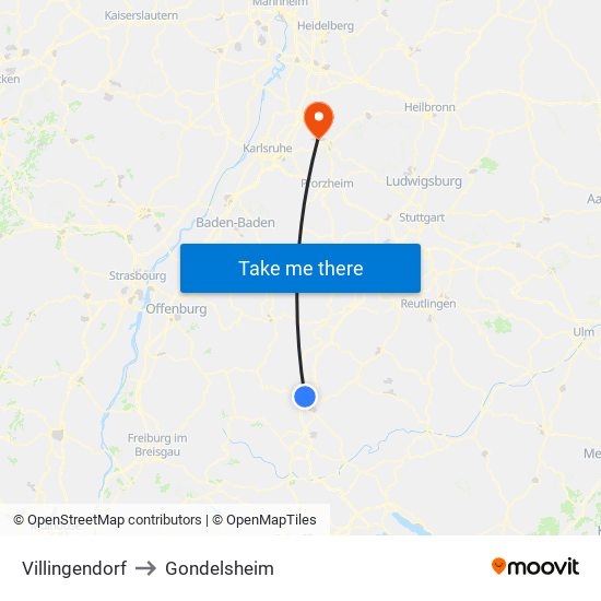 Villingendorf to Gondelsheim map